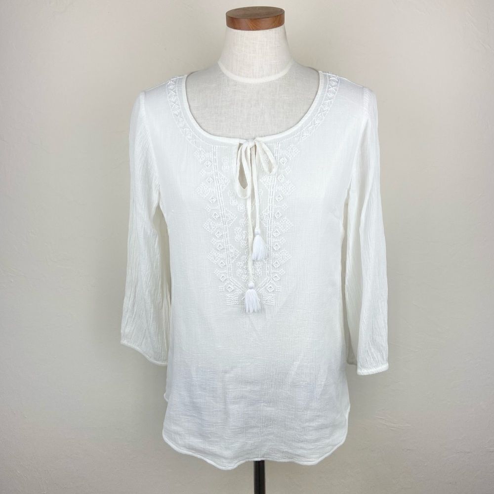 J. McLaughlin Embroidered Neck-Tie Boho Blouse - White